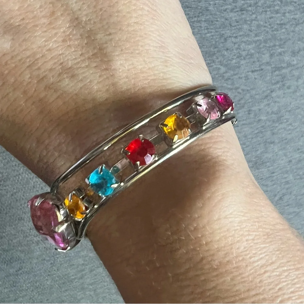 Vintage Silver Tone Hinged Cuff Bracelet Pink Heart & Multicolor Rhinestones